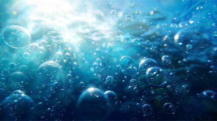 Bubbles underwater with bokeh effect. Background in blue. AI generative