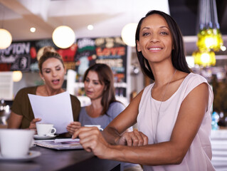 Startup, woman and happy portrait in coffee shop for small business, cafe or restaurant and notebook or paperwork for planning. Female entrepreneur, counter and meeting with partners for inventory.