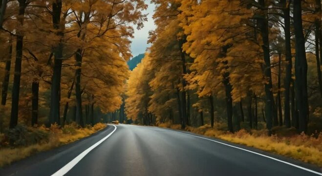 asphalt road and lots of autumn trees around the road, natural background atmosphere