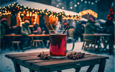 Fresh hot mulled wine a wooden table on christmas market decorated and illuminated outdoor tables of a restaurant of cafe snowy winter day - obrazy, fototapety, plakaty