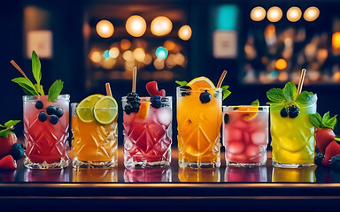 Many different refreshing colorful fruit cocktails with ice lemon mint and berries on a bar counter night club party with soft drinks illustration - obrazy, fototapety, plakaty