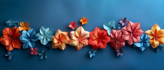 Naklejka na ściany i meble A dynamic arrangement of origami flowers, crafted from colorful spring-themed paper, spread on a matte, indigo surface.