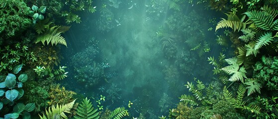 A lush border of ferns and moss, surrounding a clear, glassy pond reflection on a deep, forest green background.