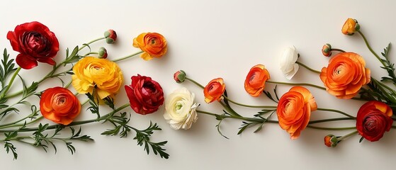 A minimalist flat lay featuring a single line of brightly colored ranunculus flowers along one edge of a crisp, white canvas.  - obrazy, fototapety, plakaty