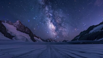 Starry sky with Milky Way over Morteratsch Glacier in Bernina Group, St Moritz, Engadine, Grisons, Switzerland, Europe