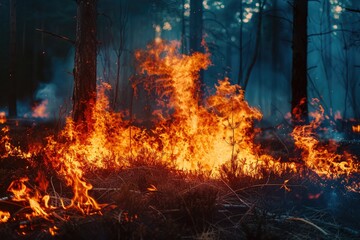 Large flames of forest fire - obrazy, fototapety, plakaty