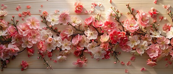 An elegant spread of cherry blossoms and peony petals, interspersed with sprigs of greenery, laid out on a light wooden surface.
