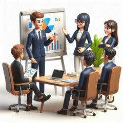3d team Leader telling business plan to colleagues during a meeting, 3d vector illustration