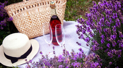 two glasses and pink wine in a lavender field. Violet flowers on the background