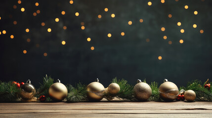 Merry Christmas Tree and Decorations with Snowflakes and Balls on Golden Background banner copy space area