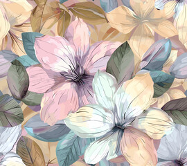 Floral tapestry seamless pattern various color background with  large pastel color flowers and intertwined with leaves