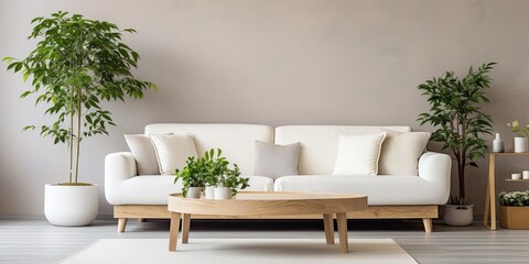 Modern living room with white sofa, wooden coffee table, and assorted houseplants
