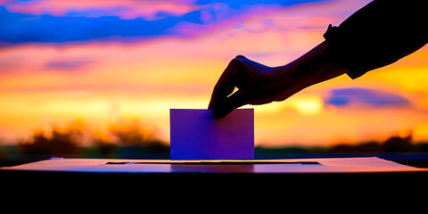 Silhouette of a hand placing a ballot card into an election box during a vibrant sunset, evoking a sense of hope and democracy. - obrazy, fototapety, plakaty