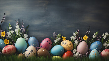 Easter eggs on a dark surface classically decorated with jars and flowers, Generative AI - 753514431