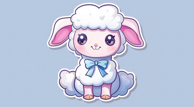 A white fluffy cartoon lamb sticker wearing a blue bow and shoes,ai generated