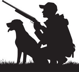 Black Silhouette Of A Hunter And Dog In The Forest Illustration Vector