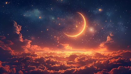 Fototapeta premium the beautiful view of the moon and stars in the sky, the beauty of Ramadan shines through.