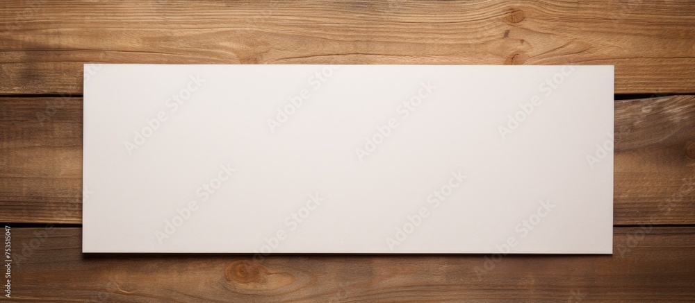 Poster empty white paper sheet resting on a rustic wooden table, simple minimalistic design template