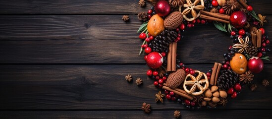 Obraz na płótnie Canvas Rustic Harvest Wreath of Nuts, Apples, Cinnamon, and Autumn Bounty