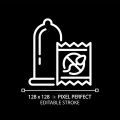 Condom white linear icon for dark theme. Birth control. Contraception products. Pregnancy prevention. Healthcare medicine. Thin line illustration. Isolated symbol for night mode. Editable stroke