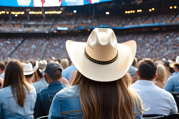 Back view of a young american woman fan of country music attending a country music concert wearing...