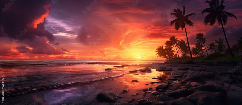 Poster tranquil sunset setting on tropical beach with palm trees and calm ocean waves
