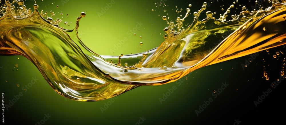 Poster vivid green background with dynamic water splashes - refreshing nature concept