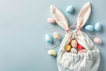 Easter gift in a shape of bunny and decorated eggs on pastel blue background, copy space - 753515664