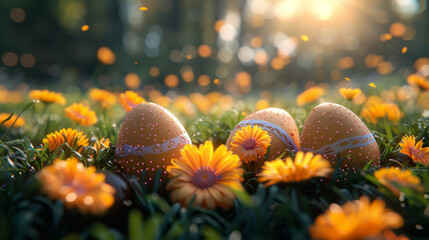 Easter background with eggs and spring flowers, shallow DOF, text space.