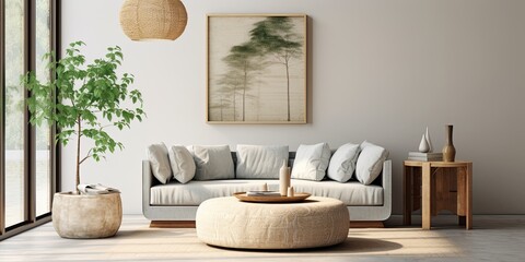 Modern living room with creative artwork, sofa, and rattan poufs.