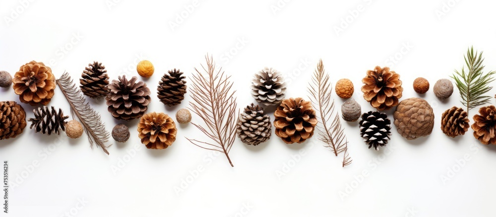 Poster group of assorted pine cones arranged on clean white background