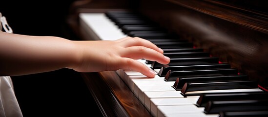 Obraz premium Expressive Musician's Hand Playing Melodies on a Grand Piano with Elegance and Precision