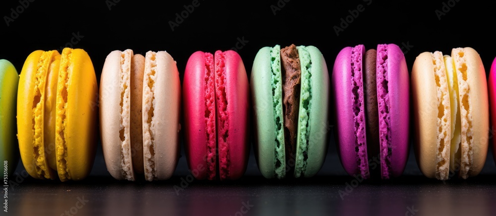 Aufkleber vibrant and colorful row of delicious macarons on display in a french bakery
