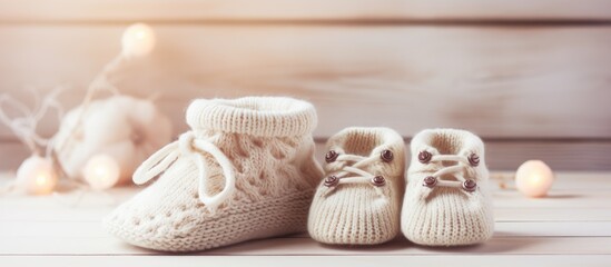 Fototapeta na wymiar Pair of Handcrafted Knitted Baby Shoes in Cozy Setting with Soft Candlelight