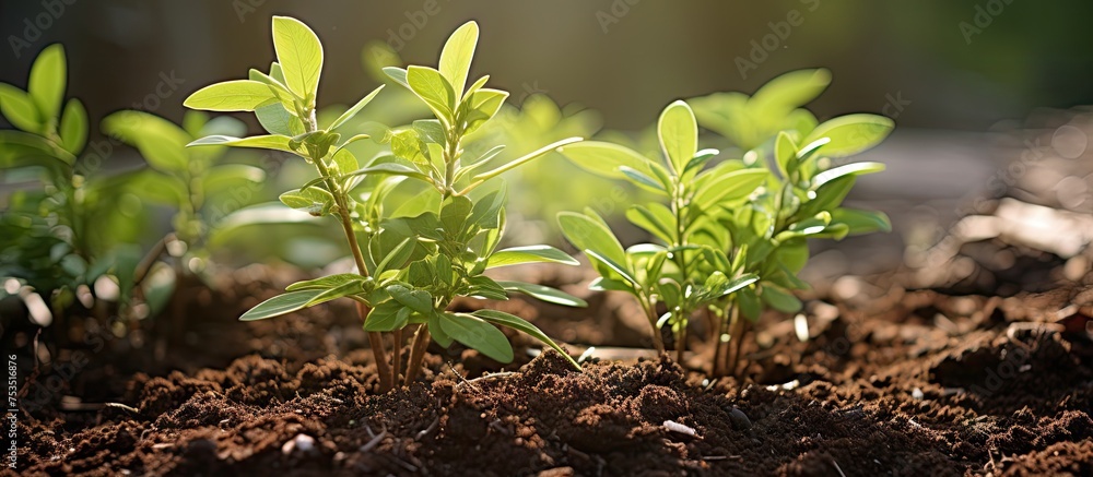 Wall mural Lush Green Plant Thriving in Rich Soil, Close-Up Shot of Vibrant Growth and Renewal