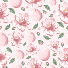 Easter seamless festive pattern with pink magnolia buds and pink eggs on a pink background, for posters, banners or holiday cards
