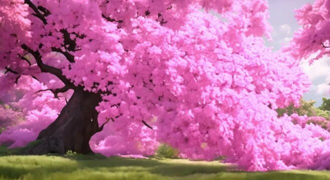 Pink cherry trees surrounded by green trees