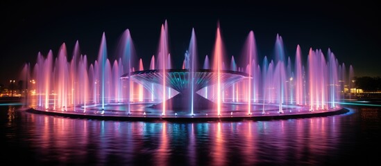 Enchanting Glow: Majestic Fountain Illuminated at Night in Serene Urban Setting