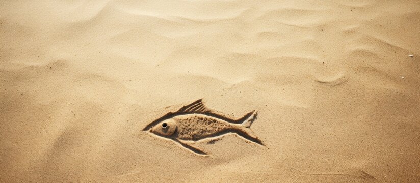 A fish drawn in the sand on a beach, showcasing intricate details and patterns created by the artists hands using the natural canvas of the shoreline.