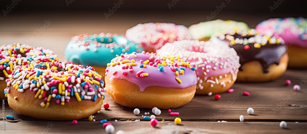 Poster delicious assortment of colorful donuts on a pink background in a bakery display