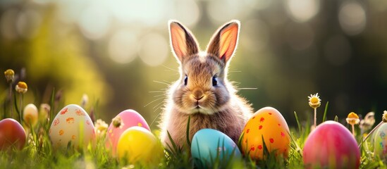 Adorable Bunny Surrounded by Colorful Easter Eggs in the Lush Green Grass