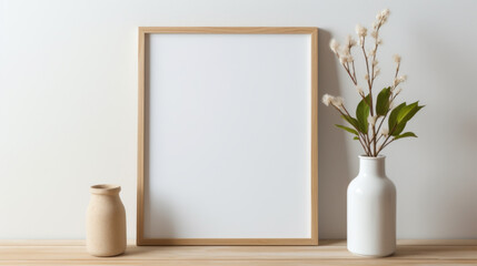 Empty Frame on Wooden Shelf with Plant