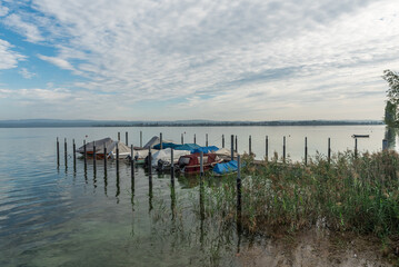 Boats moored at jetty on Lake Constance, Berlingen, Canton of Thurgau, Switzerland