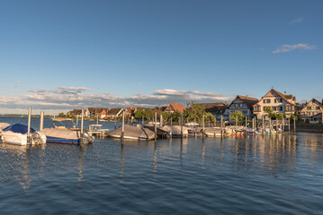 Boats and houses at the harbor in Ermatingen on Lake Constance, Canton of Thurgau, Switzerland