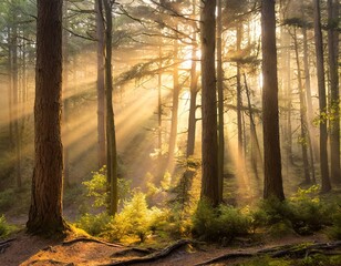 Mystical Forest with beaming light through the trees	