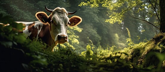 Curious Cow Staring Intently in the Dense Forest Environment - obrazy, fototapety, plakaty