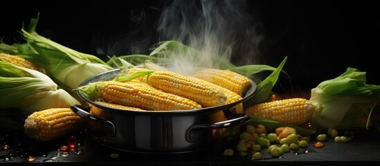 Rustic Pot of Corn Surrounded by Fresh Vegetables on a Wooden Table