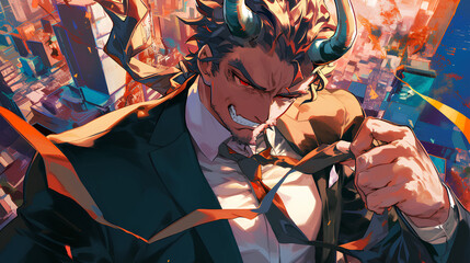 handsome anime with Japanese oni, formal office suit uniform - obrazy, fototapety, plakaty