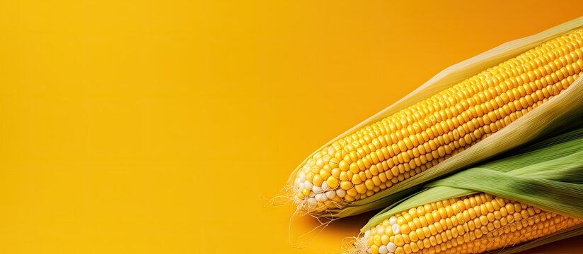 Vibrant Harvest: Two Fresh Ears of Corn on a Sunny Yellow Background