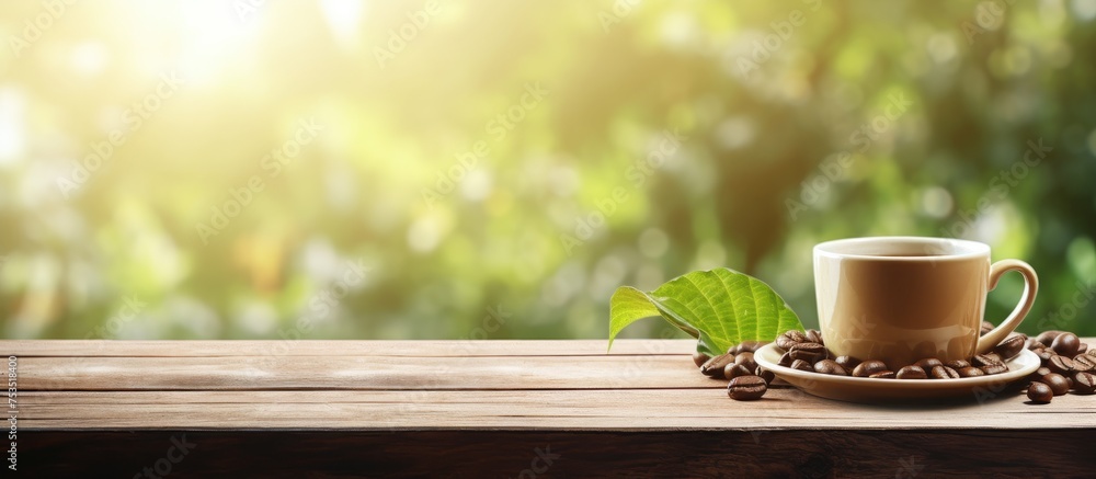 Poster steaming coffee cup and fresh beans on rustic wooden table with blurred background